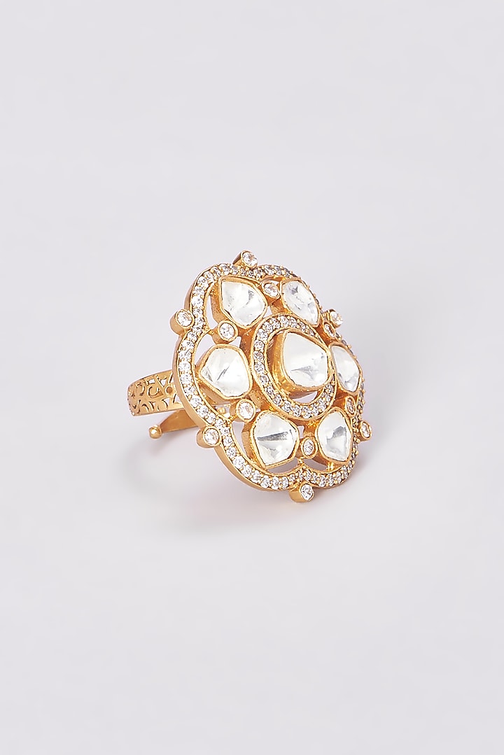 Gold Finish Kundan Polki Ring by VASTRAA Jewellery at Pernia's Pop Up Shop