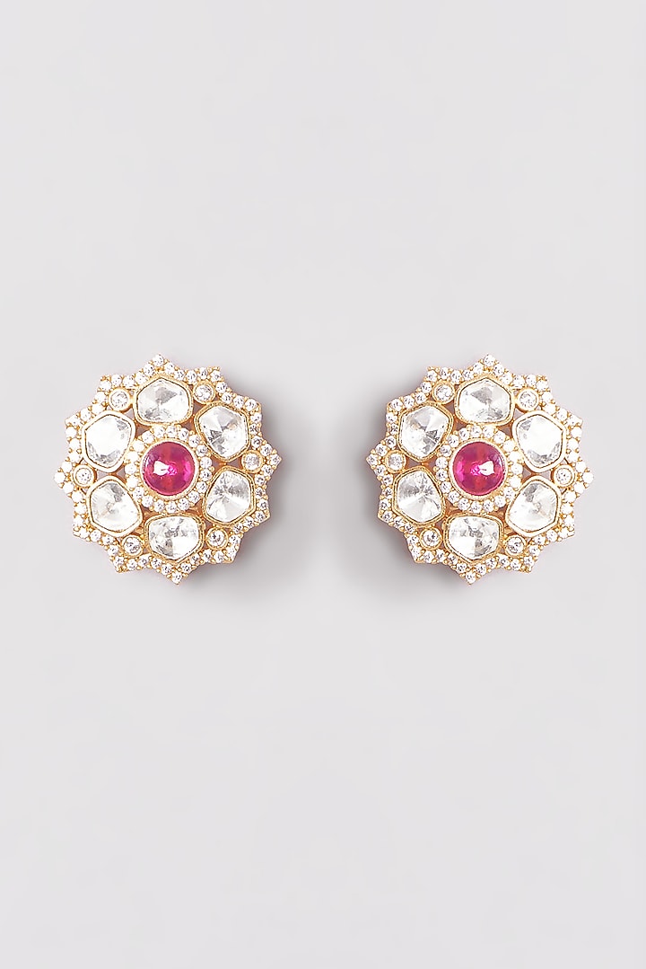 Gold Finish Red Stone & Kundan Polki Stud Earrings by VASTRAA Jewellery at Pernia's Pop Up Shop
