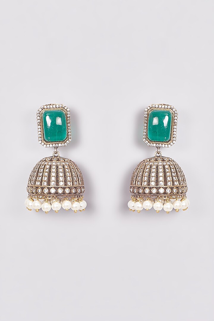 Black Rhodium Finish Kundan Polki & Green Synthetic Stone Jhumka Earrings by VASTRAA Jewellery at Pernia's Pop Up Shop