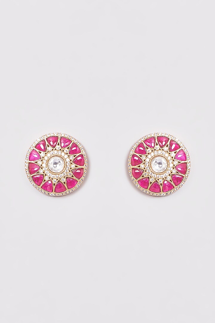 Gold Finish Kundan Polki & Red Stone Stud Earrings by VASTRAA Jewellery at Pernia's Pop Up Shop