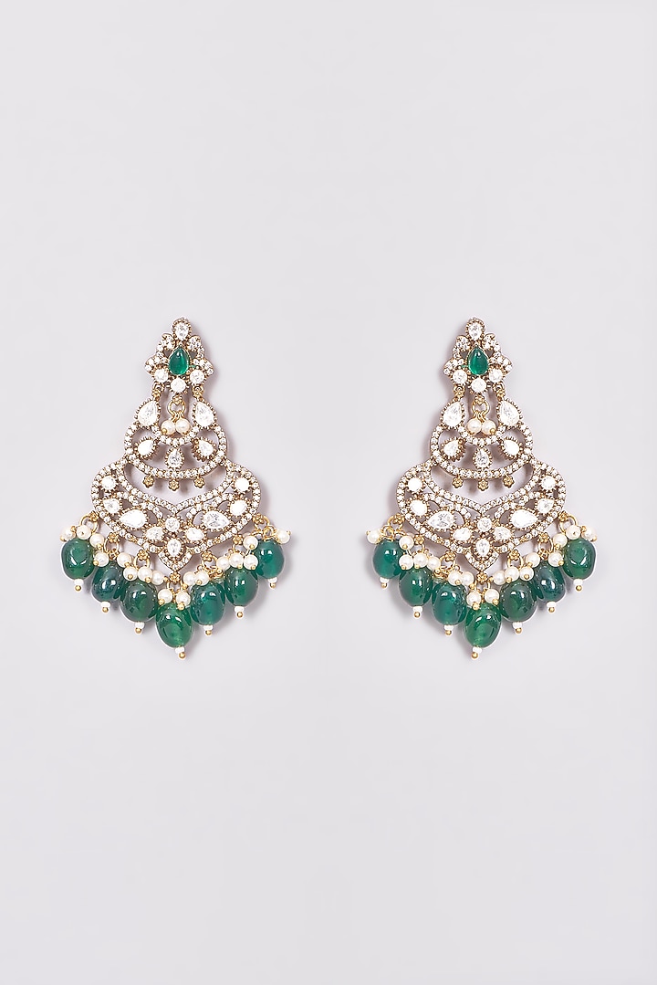 Gold Finish Kundan Polki & Green Synthetic Stone Dangler Earrings by VASTRAA Jewellery at Pernia's Pop Up Shop