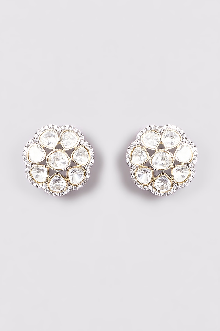 Two Tone Finish Kundan Polki Stud Earrings by VASTRAA Jewellery at Pernia's Pop Up Shop