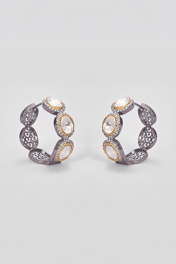 Two Tone Finish Kundan Polki Hoop Earrings by VASTRAA Jewellery at Pernia's Pop Up Shop