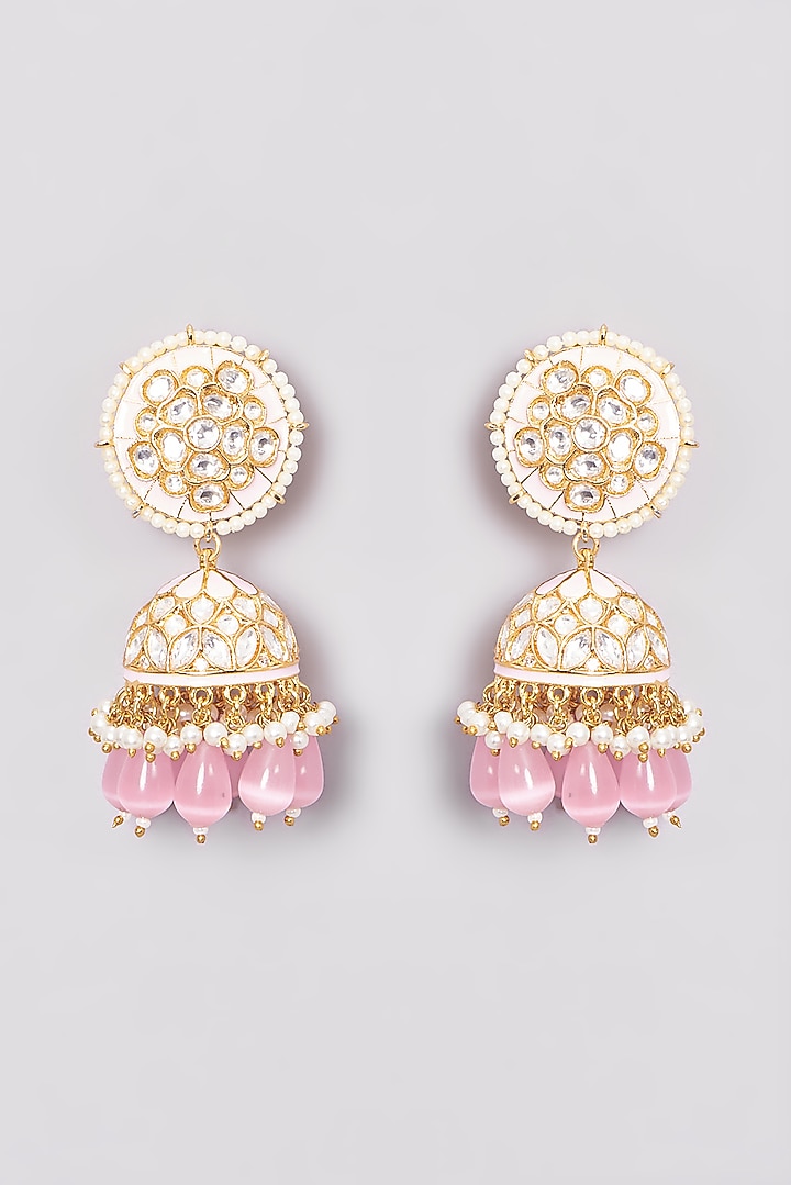 Gold Finish Kundan Polki & Pink Bead Drop Jhumka Earrings by VASTRAA Jewellery at Pernia's Pop Up Shop