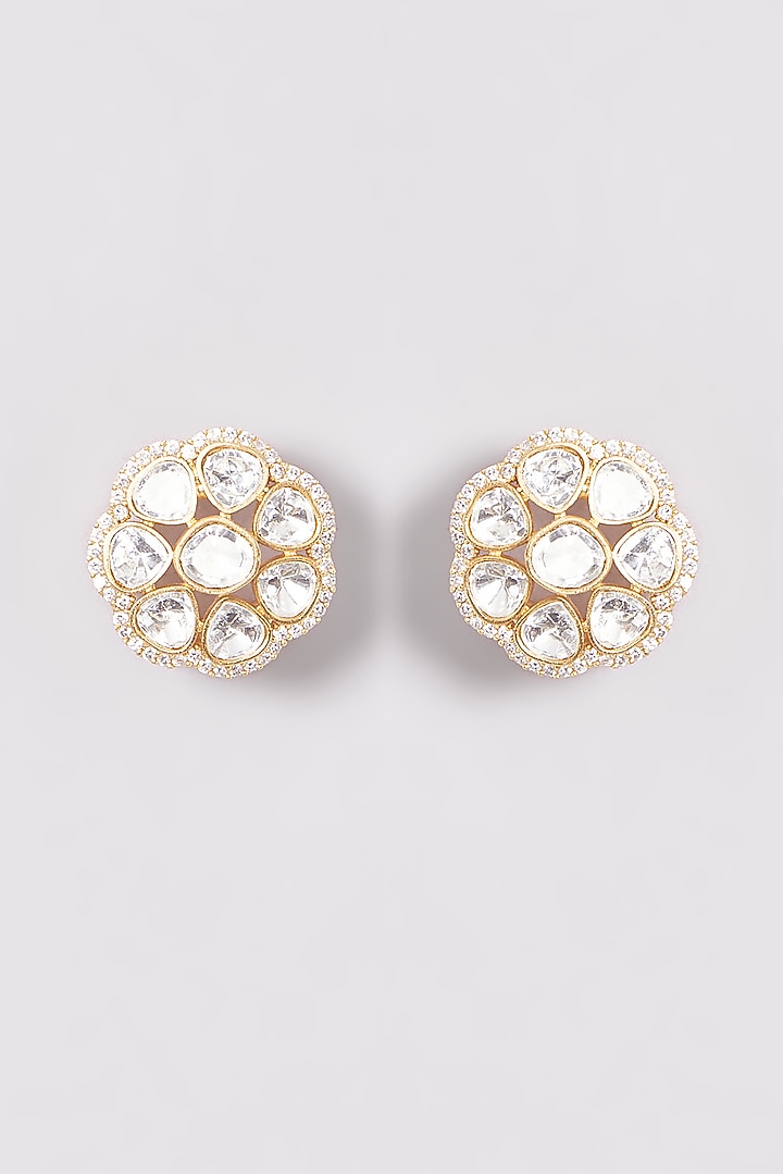 Gold Finish Kundan Polki Stud Earrings by VASTRAA Jewellery at Pernia's Pop Up Shop