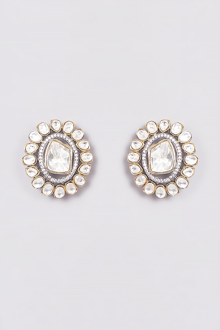 Two Tone Finish Kundan Polki Stud Earrings by VASTRAA Jewellery at Pernia's Pop Up Shop