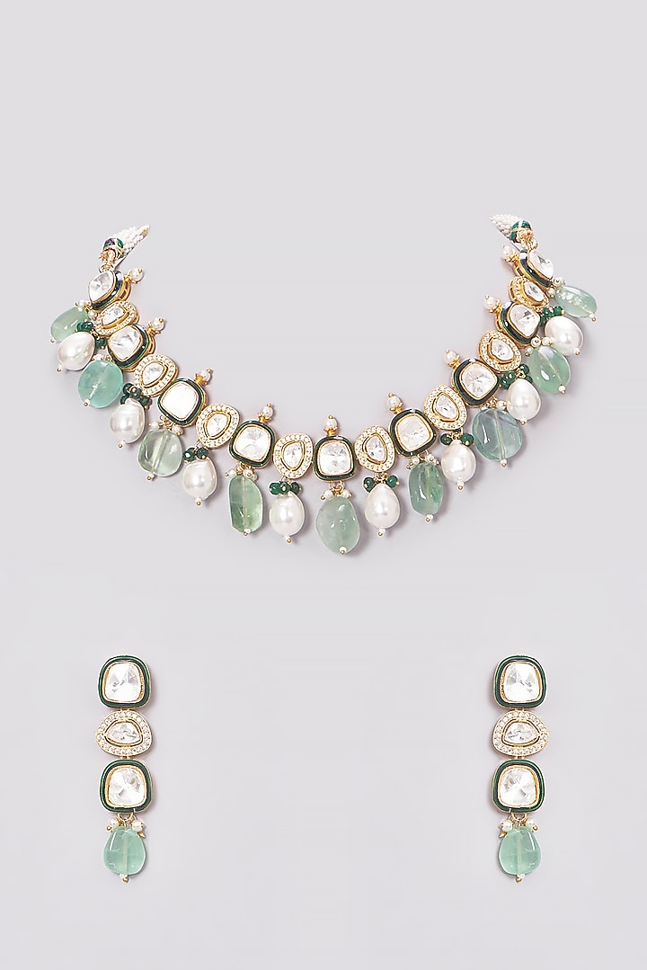 Gold Finish Kundan Polki & Pearl Necklace Set by VASTRAA Jewellery at Pernia's Pop Up Shop