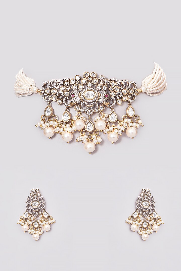 Two Tone Finish Kundan & Pearl Choker Necklace Set by VASTRAA Jewellery at Pernia's Pop Up Shop