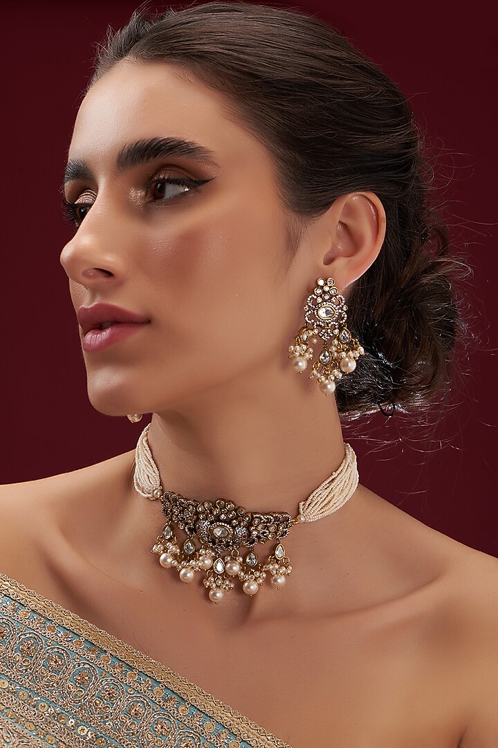 Two Tone Finish Kundan & Pearl Choker Necklace Set by VASTRAA Jewellery at Pernia's Pop Up Shop