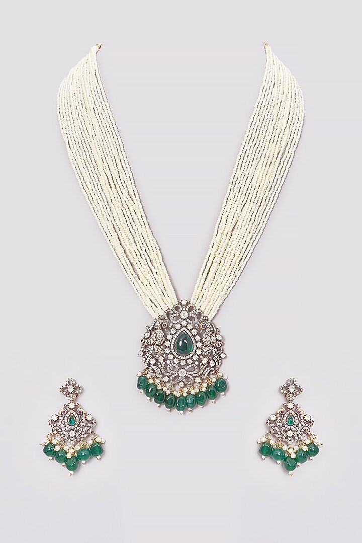 Black Rhodium Finish Kundan Polki & Pearl Long Necklace Set by VASTRAA Jewellery at Pernia's Pop Up Shop