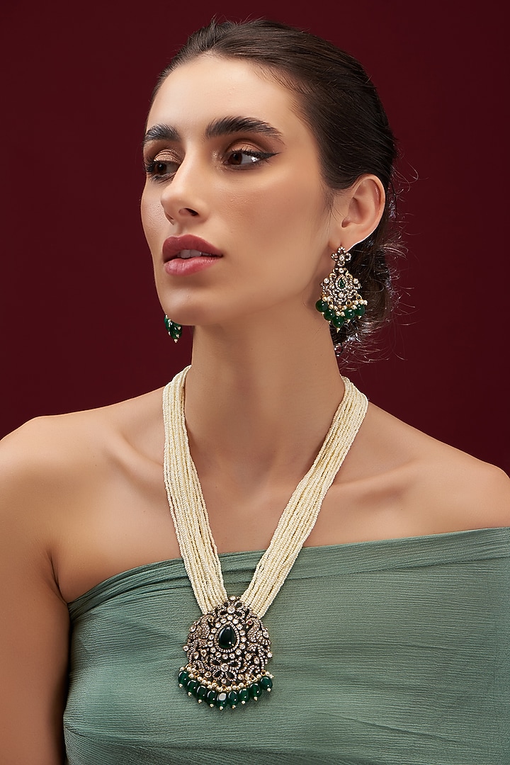 Black Rhodium Finish Kundan Polki & Pearl Long Necklace Set by VASTRAA Jewellery at Pernia's Pop Up Shop
