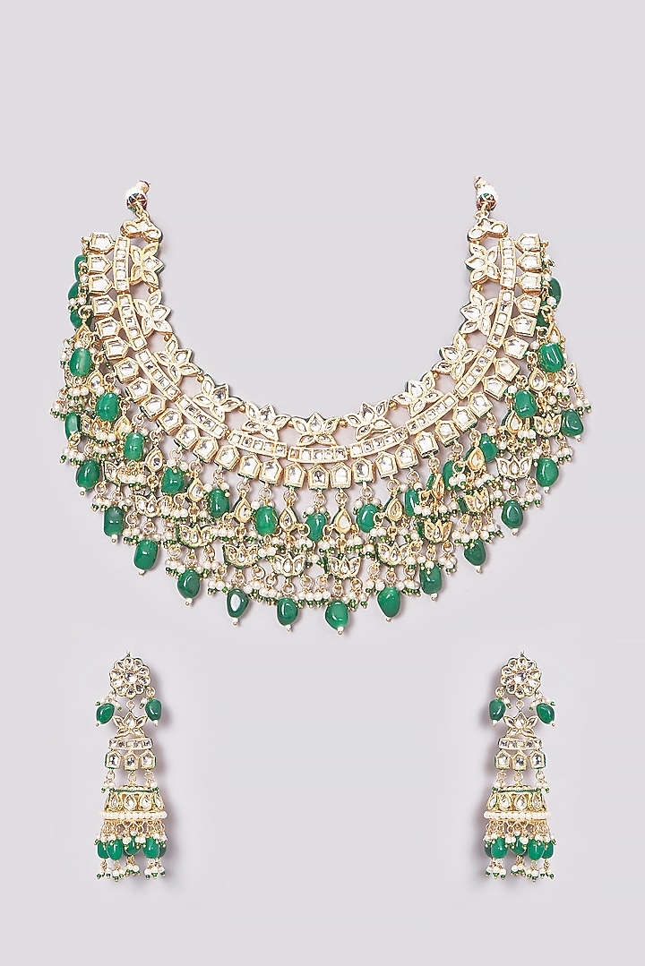 Gold Finish Kundan Polki & Green Beaded Necklace Set by VASTRAA Jewellery at Pernia's Pop Up Shop