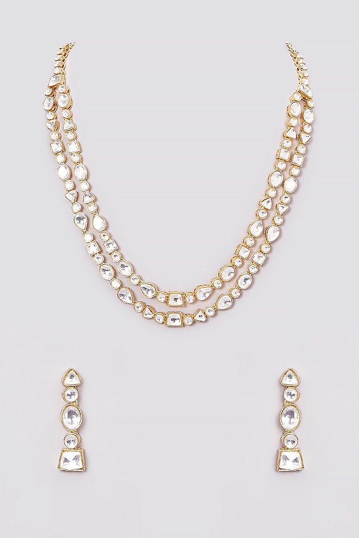 Gold Finish Kundan Polki Layered Necklace Set by VASTRAA Jewellery at Pernia's Pop Up Shop