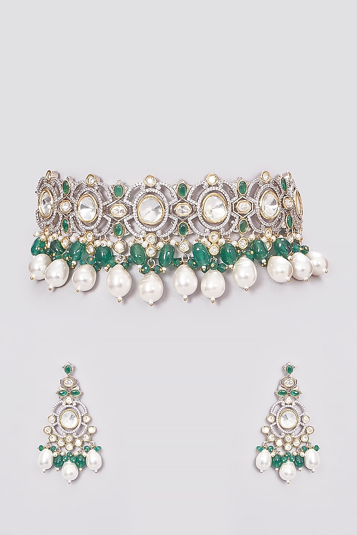 Two Tone Finish Kundan Polki & Pearl Choker Necklace Set by VASTRAA Jewellery at Pernia's Pop Up Shop