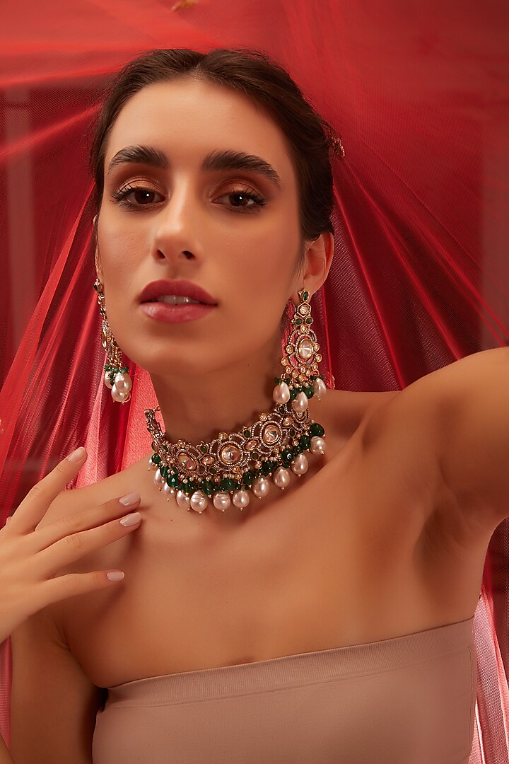 Two Tone Finish Kundan Polki & Pearl Choker Necklace Set by VASTRAA Jewellery at Pernia's Pop Up Shop