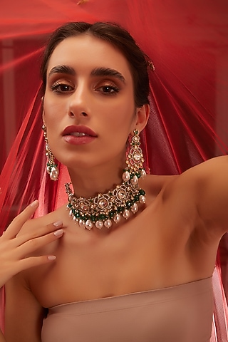 Two Tone Finish Kundan Polki & Pearl Choker Necklace Set by VASTRAA Jewellery