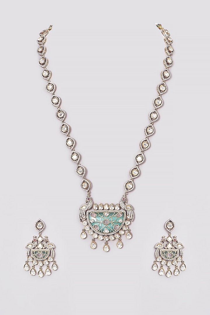 Two Tone Finish Kundan Polki & Green Stone Long Necklace Set by VASTRAA Jewellery at Pernia's Pop Up Shop