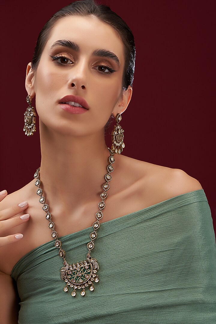 Two Tone Finish Kundan Polki & Green Stone Long Necklace Set by VASTRAA Jewellery at Pernia's Pop Up Shop