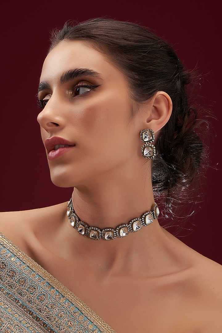 Two Tone Finish Kundan Polki Choker Necklace Set by VASTRAA Jewellery at Pernia's Pop Up Shop