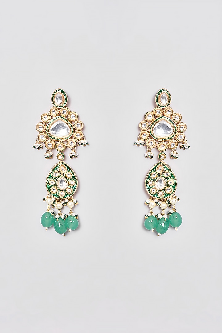 Gold Finish Kundan Polki & Green Beaded Necklace Set by VASTRAA Jewellery at Pernia's Pop Up Shop