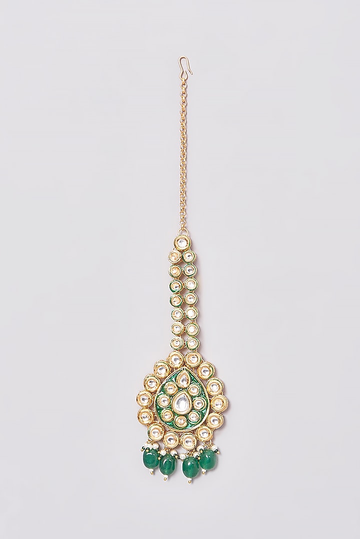 Gold Finish Kundan Polki & Green Beaded Necklace Set by VASTRAA Jewellery at Pernia's Pop Up Shop