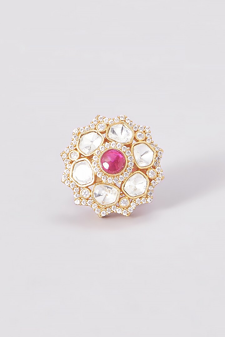 Gold Finish Kundan Polki & Red Stone Ring by VASTRAA Jewellery at Pernia's Pop Up Shop