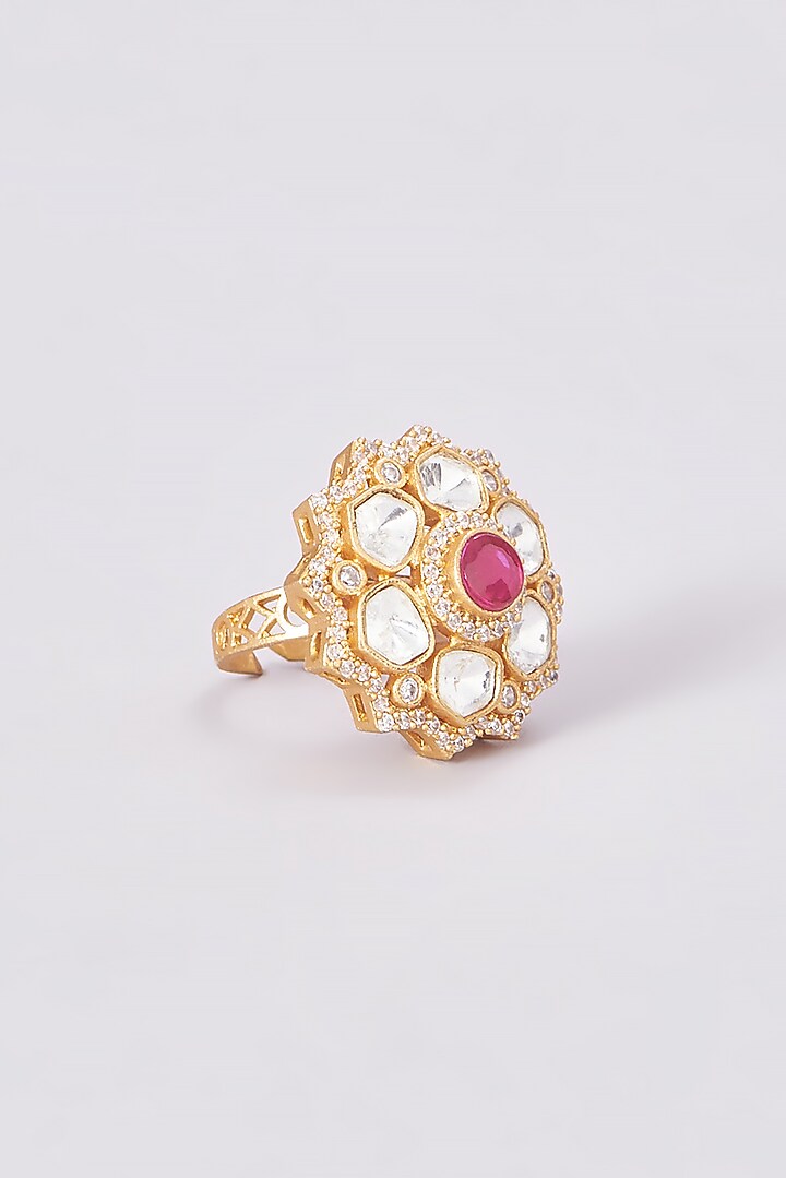 Gold Finish Kundan Polki & Red Stone Ring by VASTRAA Jewellery at Pernia's Pop Up Shop