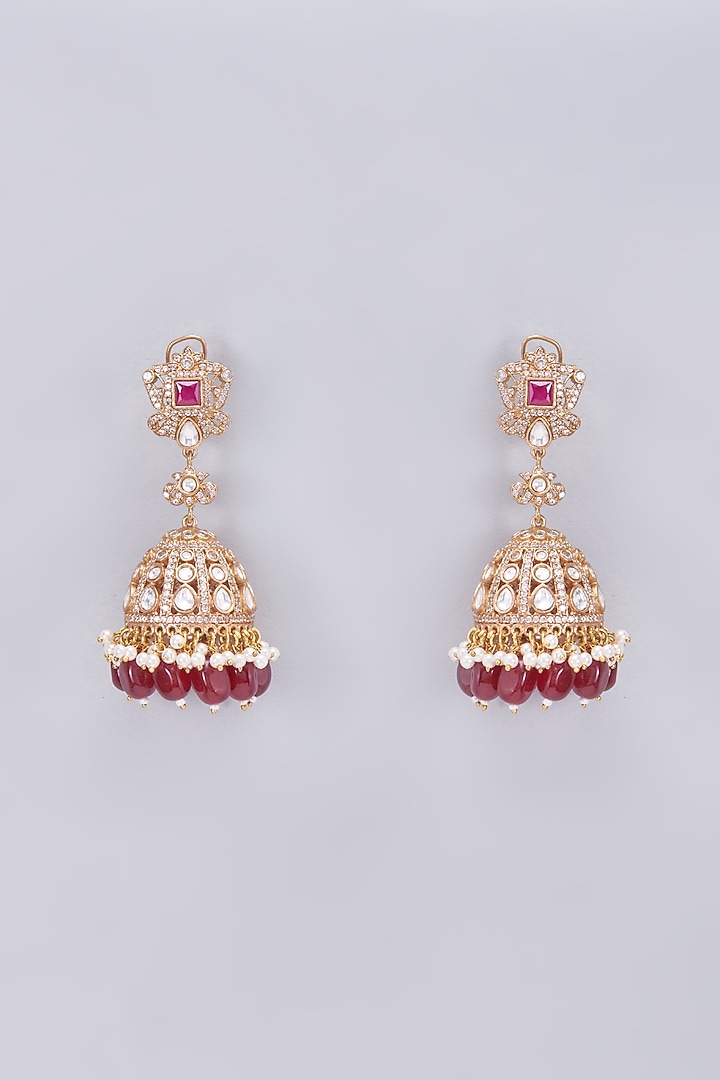Gold Finish Kundan Polki & Red Beaded Jhumka Earrings by VASTRAA Jewellery at Pernia's Pop Up Shop