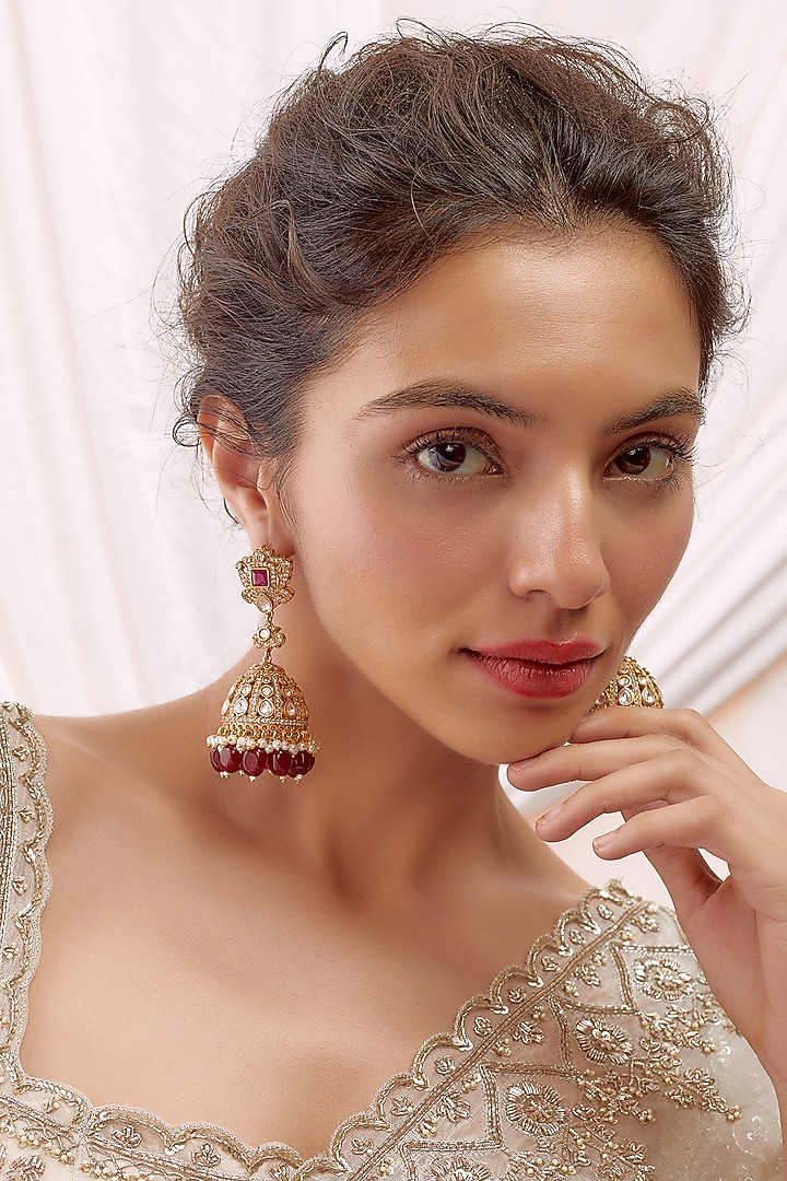 Gold Finish Kundan Polki & Red Beaded Jhumka Earrings by VASTRAA Jewellery at Pernia's Pop Up Shop