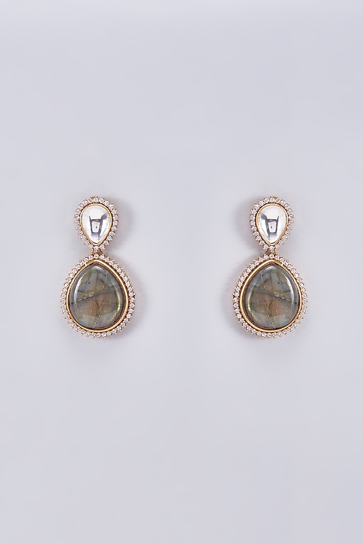 Gold Finish Kundan Polki Dangler Earrings by VASTRAA Jewellery at Pernia's Pop Up Shop