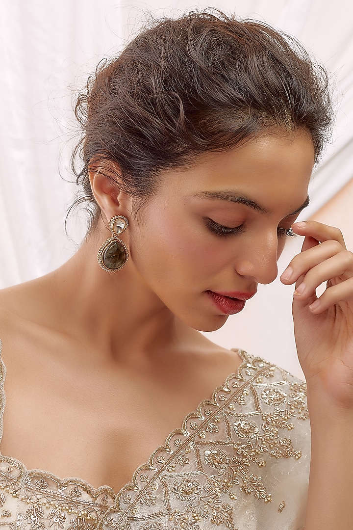 Gold Finish Kundan Polki Dangler Earrings by VASTRAA Jewellery at Pernia's Pop Up Shop