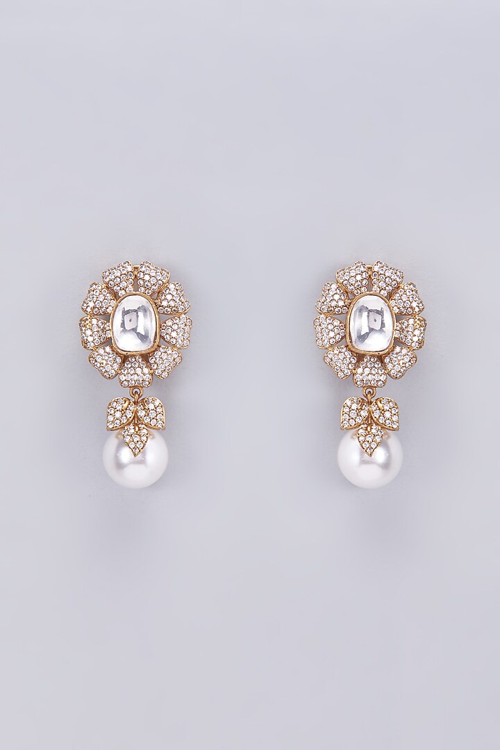 Gold Finish Kundan Polki & Pearl Dangler Earrings by VASTRAA Jewellery at Pernia's Pop Up Shop