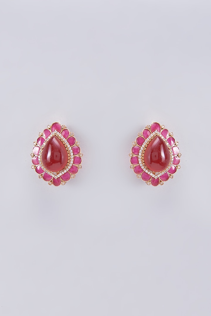 Gold Finish Kundan Polki & Red Stone Stud Earrings by VASTRAA Jewellery at Pernia's Pop Up Shop