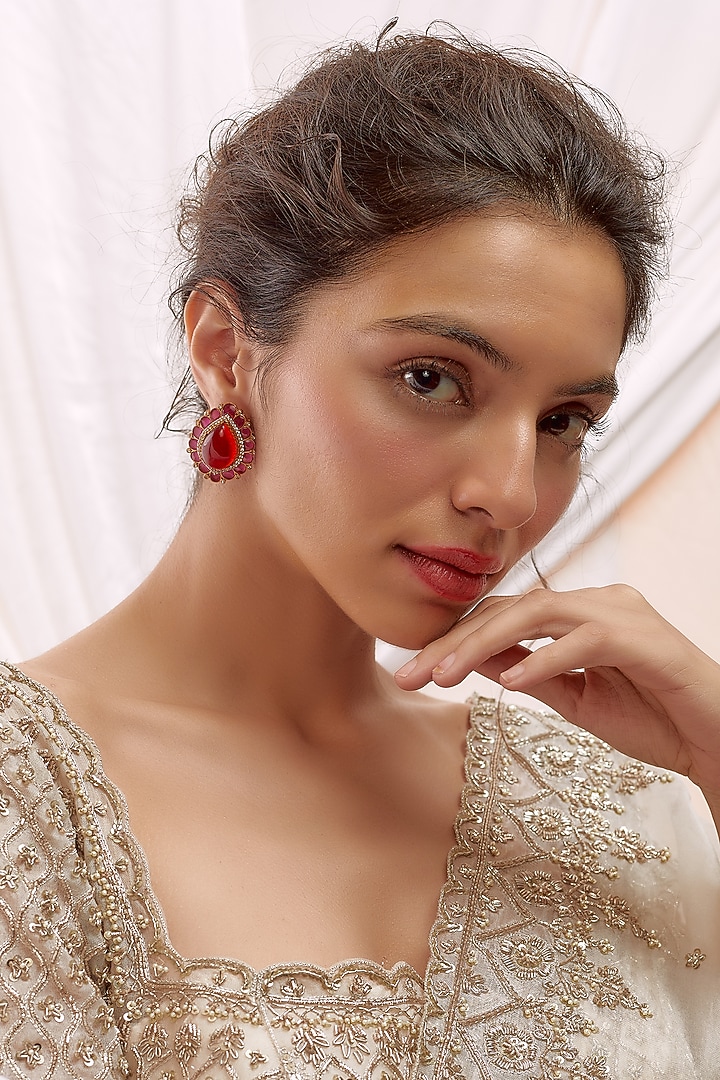 Gold Finish Kundan Polki & Red Stone Stud Earrings by VASTRAA Jewellery at Pernia's Pop Up Shop