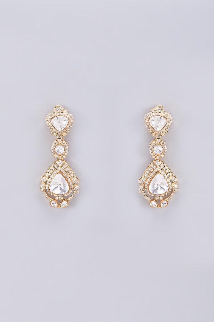 Gold Finish Kundan Polki Dangler Earrings by VASTRAA Jewellery at Pernia's Pop Up Shop
