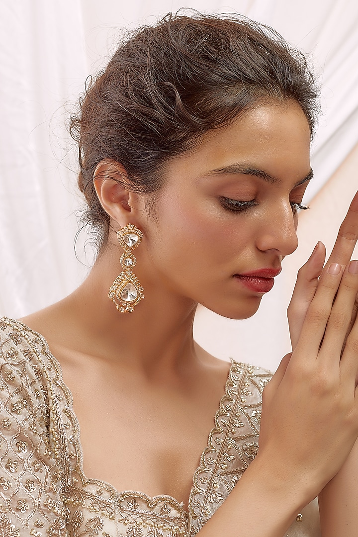 Gold Finish Kundan Polki Dangler Earrings by VASTRAA Jewellery at Pernia's Pop Up Shop