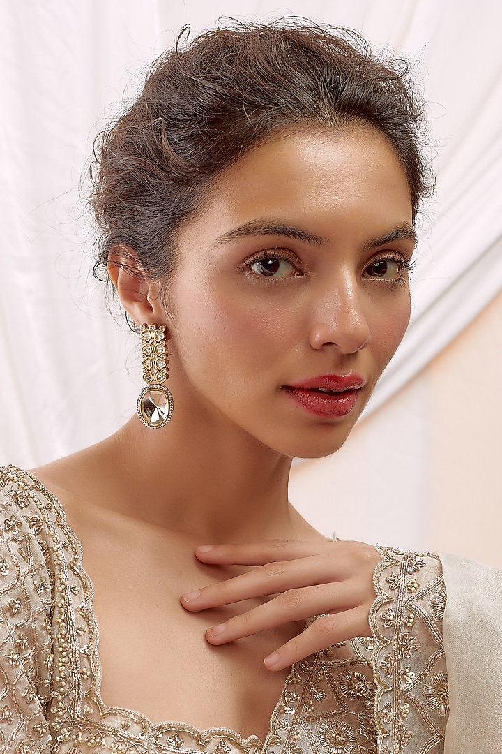Gold Finish Kundan Polki Dangler Earrings by VASTRAA Jewellery at Pernia's Pop Up Shop
