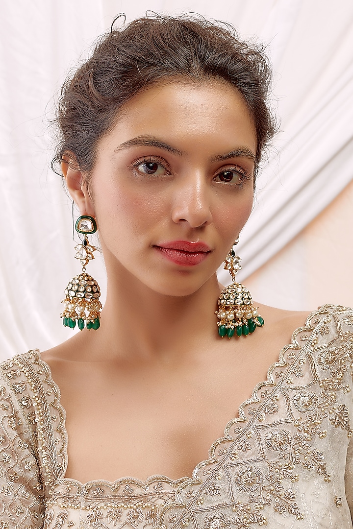 Gold Finish Kundan Polki & Green Beaded Jhumka Earrings by VASTRAA Jewellery at Pernia's Pop Up Shop