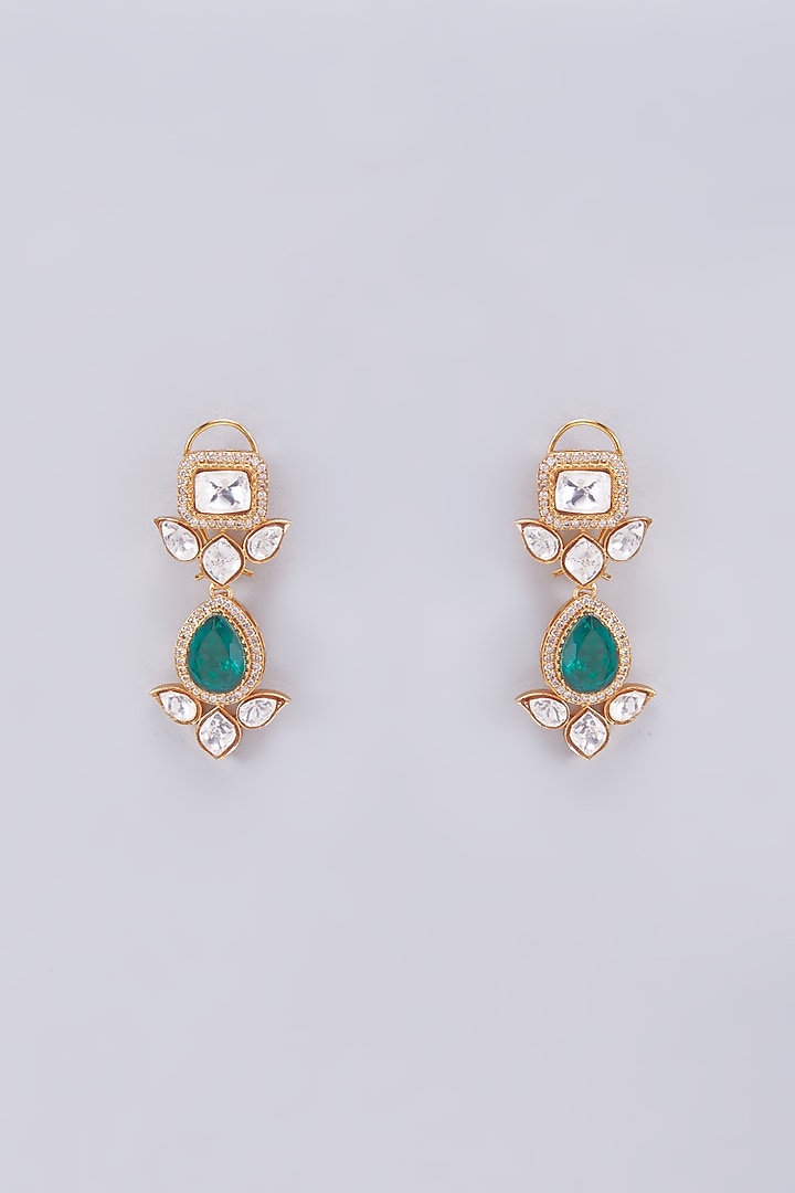 Gold Finish Kundan Polki & Green Stone Dangler Earrings by VASTRAA Jewellery at Pernia's Pop Up Shop