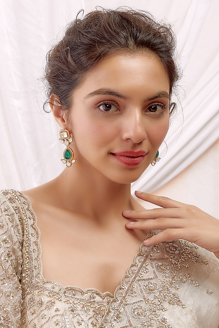 Gold Finish Kundan Polki & Green Stone Dangler Earrings by VASTRAA Jewellery at Pernia's Pop Up Shop