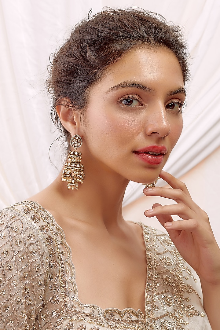Gold Finish Kundan Polki & Pearl Jhumka Earrings by VASTRAA Jewellery at Pernia's Pop Up Shop