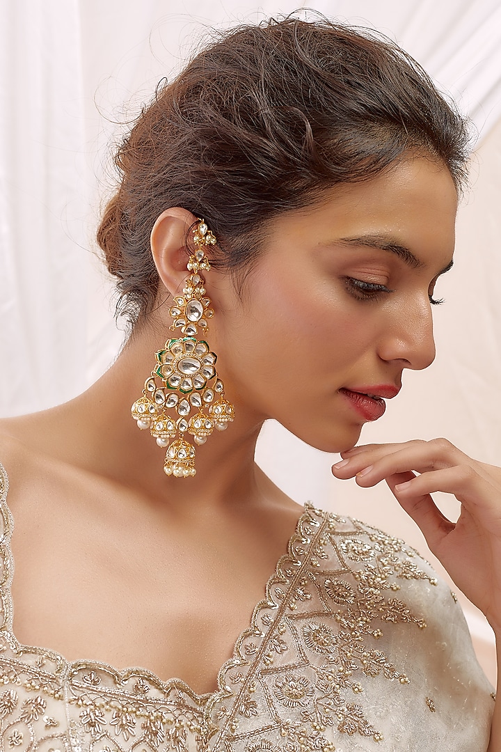 Gold Finish Kundan Polki Dangler Earrings by VASTRAA Jewellery at Pernia's Pop Up Shop