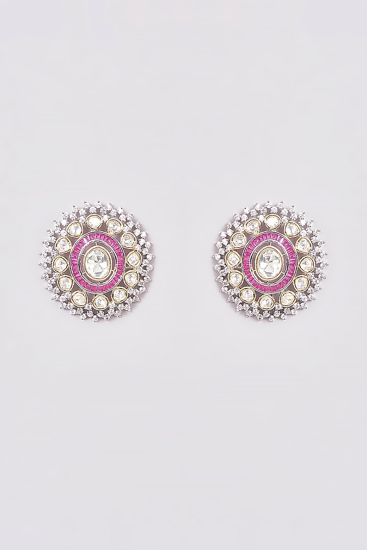 Gold Finish Kundan Polki & Red Stone Earrings by VASTRAA Jewellery at Pernia's Pop Up Shop