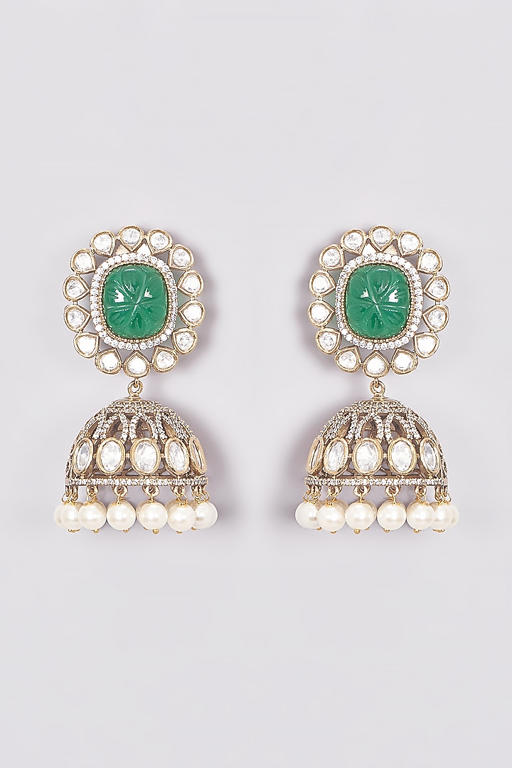 Two Tone Finish Kundan Polki & Emerald Stone Jhumka Earrings by VASTRAA Jewellery at Pernia's Pop Up Shop