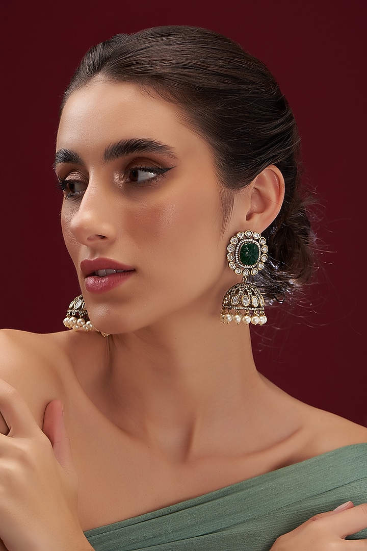 Two Tone Finish Kundan Polki & Emerald Stone Jhumka Earrings by VASTRAA Jewellery at Pernia's Pop Up Shop