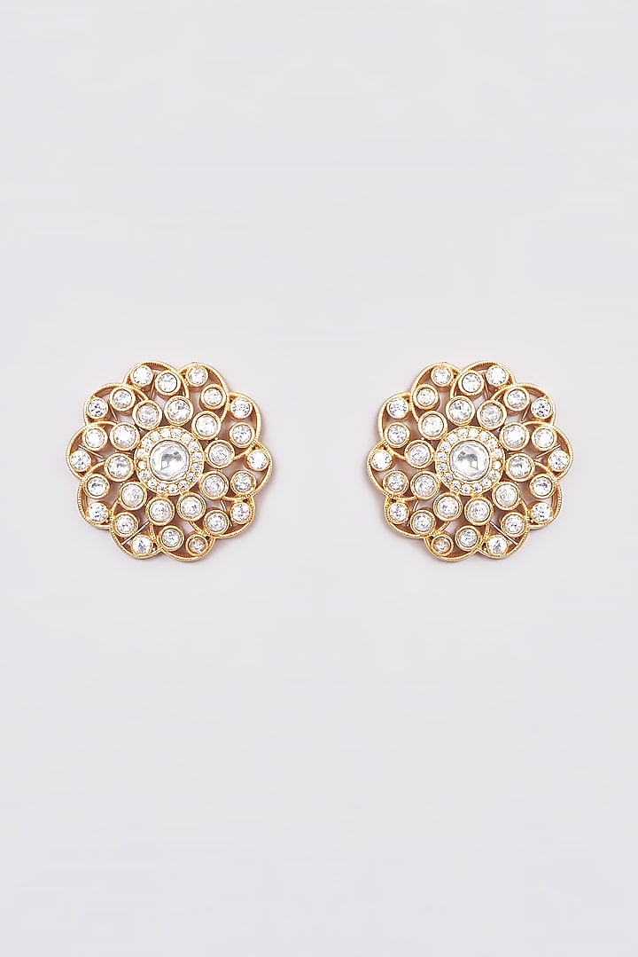 Gold Finish Kundan Polki Earrings by VASTRAA Jewellery at Pernia's Pop Up Shop