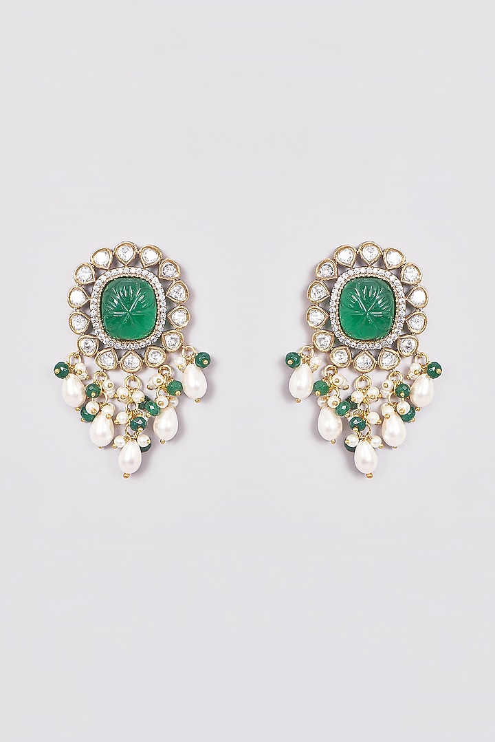 Gold Finish Kundan Polki & Green Stone Dangler Earrings by VASTRAA Jewellery at Pernia's Pop Up Shop