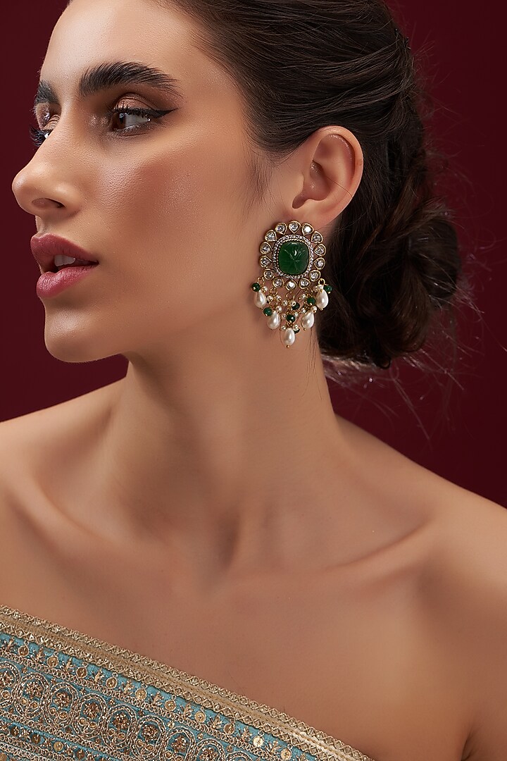 Gold Finish Kundan Polki & Green Stone Dangler Earrings by VASTRAA Jewellery at Pernia's Pop Up Shop