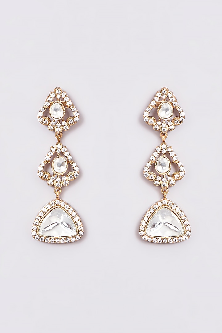 Gold Finish Kundan Polki Dangler Earrings by VASTRAA Jewellery at Pernia's Pop Up Shop