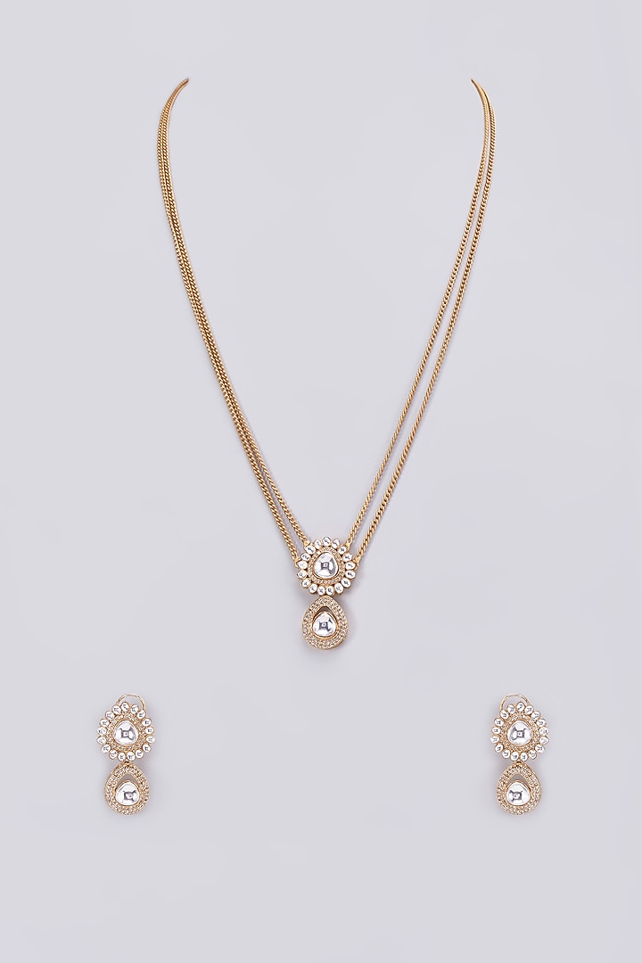 Gold Finish Kundan Polki Long Necklace Set by VASTRAA Jewellery at Pernia's Pop Up Shop